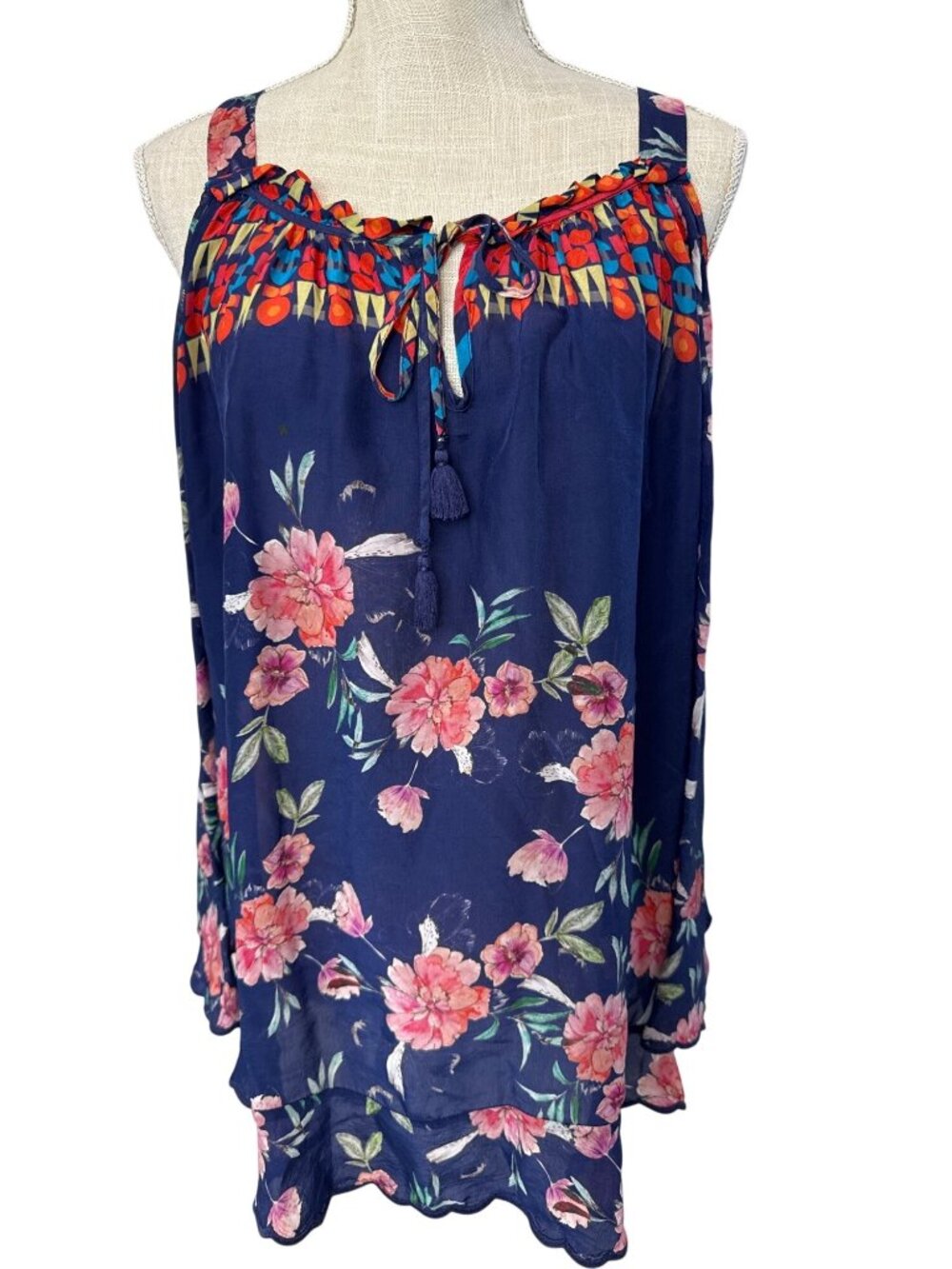 Johnny Was Floral Boho Chic Tunic Blouse Multicolor Silk Blend Size M